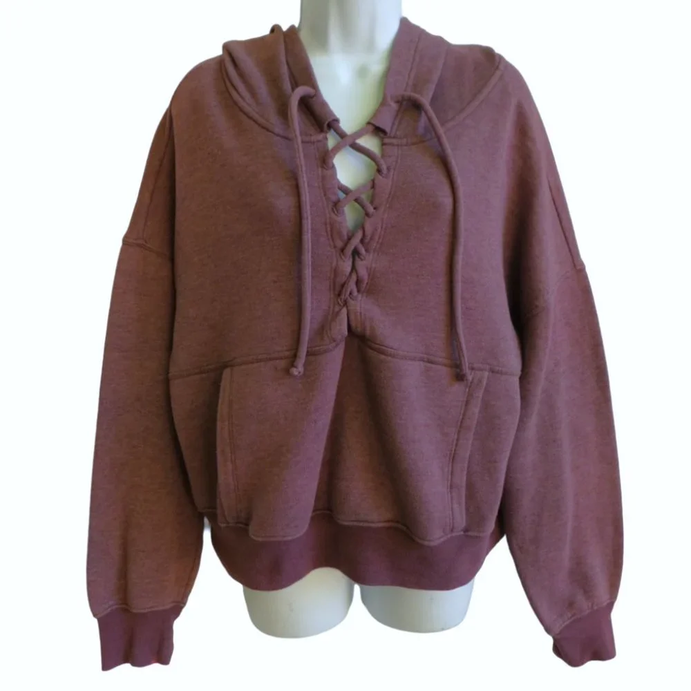 Free People FP Movement Plum Believe It  Sweatshirt Hoodie Lace Up Kangaroo Pock